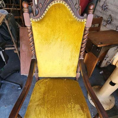 ANTIQUE OAK CHAIR WITH YELLOW UPHOLSTERY 