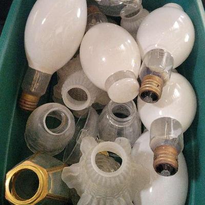 BIN FILLED WITH VINTAGE GLASS LIGHTBLUBS AND SHADES 