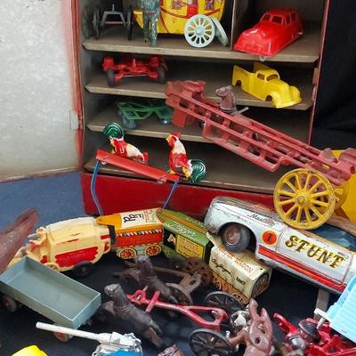 VINTAGE/ANTIQUE DIE CASTS, CAST IRON TOYS, AND A METAL CABINET 