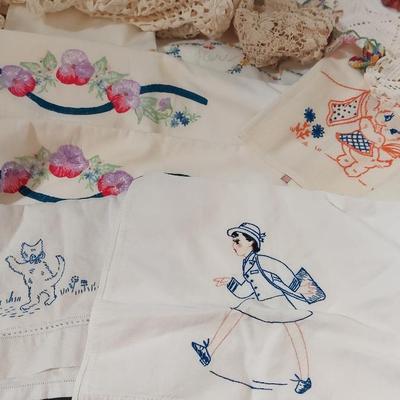 LOVELY EMBROIDERED PILLOW CASES, TOWELS, AND DOILIES