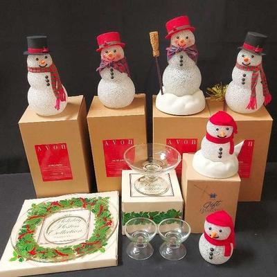 FESTIVE COLLECTION OF AVON HOLIDAY SNOWMEN AND DISHES 