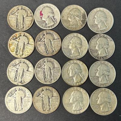 90% Silver Quarters – Standing Liberty & Washington (16 Coins, 1920s–1960s)