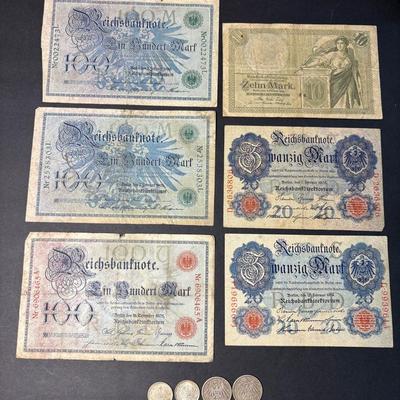 Antique German Empire – Two 1 Mark & Two ½ Mark Coins (.900 Silver) + 6 Banknotes – Early 1900s