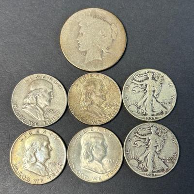 90% Silver Walking Liberty & Franklin Half Dollars (6 Coins, 1940s–50s), Plus Peace Silver Dollar