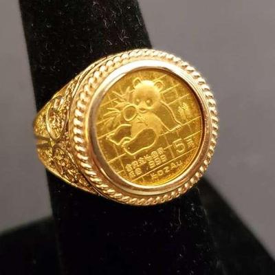 14K Gold Ring With 5 Yuan Panda .999 Coin - Size 6.75
