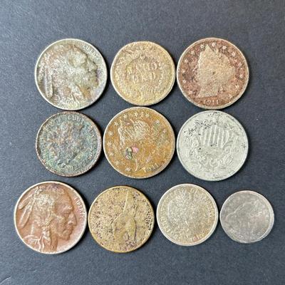 Antique U.S. Coins (10) –1855 Liberty & 1911 Barber Silver Dimes, Shield/Buffalo Nickels, Pennies