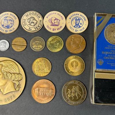 Medals, Tokens, Memorabilia - Wooden Nickels, Kennedy, Franklin, Reagan & More