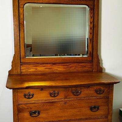 Antique Oak Dresser With Mirror - 44x20x76”