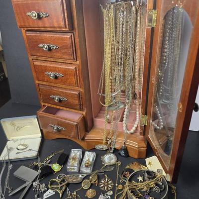 Jewelry Box With Costume Necklaces, Pendants, Rings, More