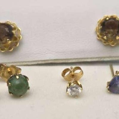 14K Gold Tanzanite, Smoky Topaz, Jade & Single Diamond Stud Earrings
