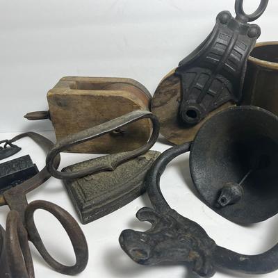 Cast Iron Bell, Irons, Pulleys, Ice Tongs, Ceramic Crock 