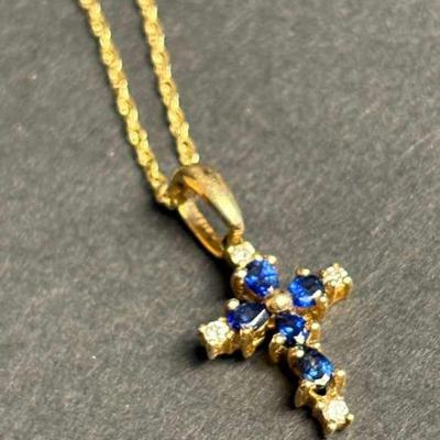 14K Gold Sapphire & Diamond Cross Pendant On A 14K Chain Necklace - 18"