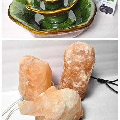 Ceramic Lilypad Fountain With Hampton Pump -14x11x10", 3 Salt Lamps