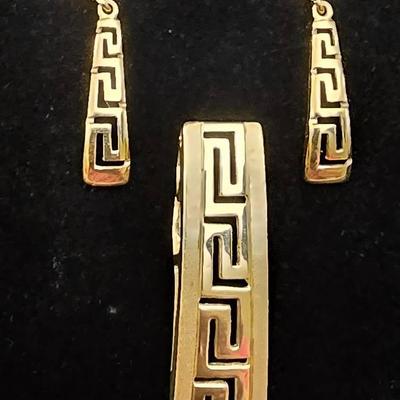 14K Gold Greek Key Dangle Earrings & Pendant  - LOT 2
