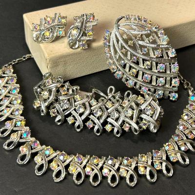 Vintage Coro Aurora Borealis Ribbon Necklace, Bracelet, Earring & Brooch Set