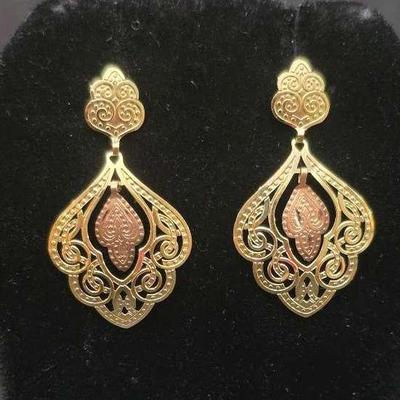 14K Gold Yellow & Rose Tone Fillagree Earrings