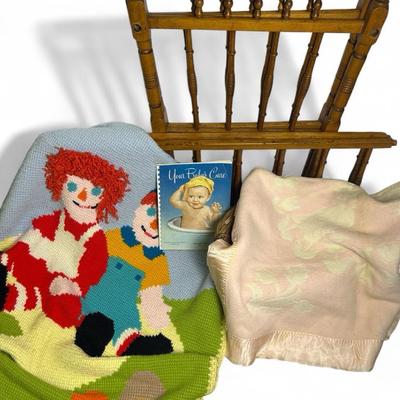 Vintage Turned Spindle Cradle, Crocheted Raggedy Ann & Andy Blanket, Antique Willow Doll Wash Basket