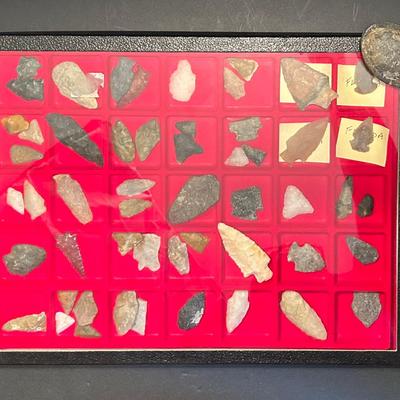 Collection of Stone Arrowheads & Tool, With Case