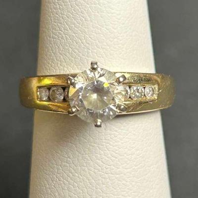 14K Gold Engagement Ring, Glass Center Stone with 6 Diamond Accents