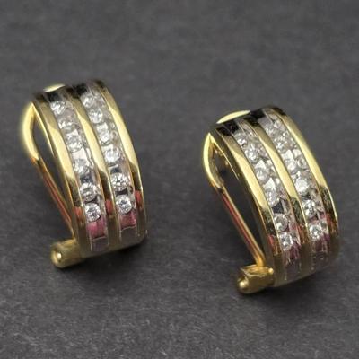 14K Gold Double Row Diamond Half Hoop Earrings