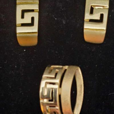 14K Gold Greek Key Earrings & Necklace Slide - LOT 1