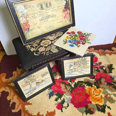 Vintage Hand Hooked Rug & Emroidery Including a Stool, 1866 Marriage Certificate