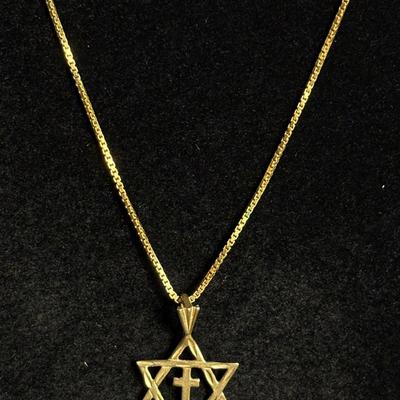 14K Gold 15" Box Chain Necklace With Messianic Pendant