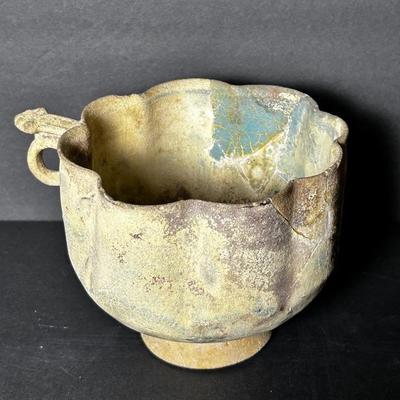 Medieval Persian Turquoise Vessel With Loop Handle 4”h