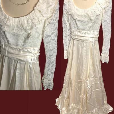 1980’s Lace Wedding Gown Prairie Style Dress W/ Beaded Accents - Size Small 