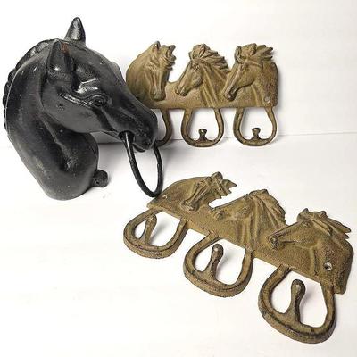 Vintage Cast Iron Horsehead Hitching Post & Wall Mount Hooks