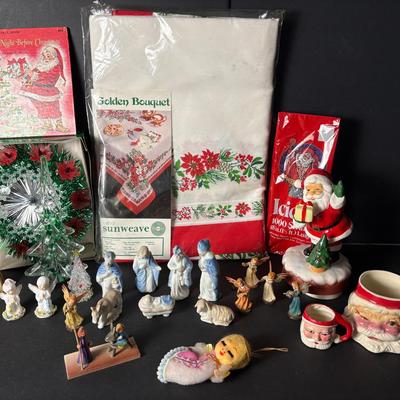 Vintage Christmas: Unused Sunweave 60x84” Tablecloth, Goebel Angels, Ceramic Nativity, More