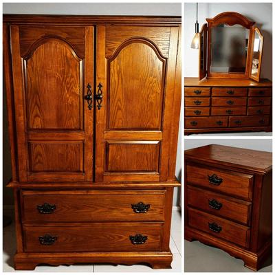 Bedroom Storage Suite: Wood Dresser with Triptych Mirror,  Armoire with Drawers & Nightstand
