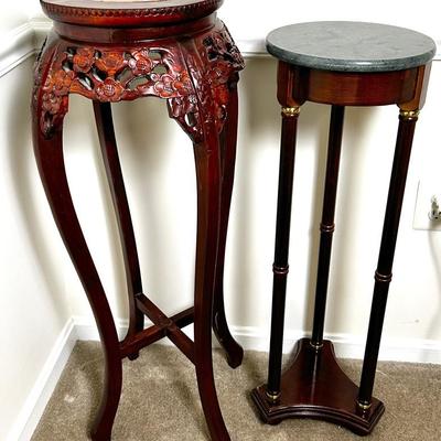 Marble Top Traditional Style Plant Stand 11" Dia, 32.5" H And Wood Carved 36x14