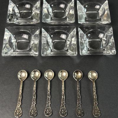Sterling Silver Spoons with Crystal Salt Cellars – Set of 6
