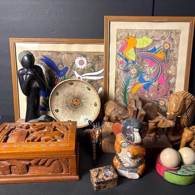 World Decor: Carved Wood Bookends, Signed Soapstone Figurine, Elephant Figurines, More