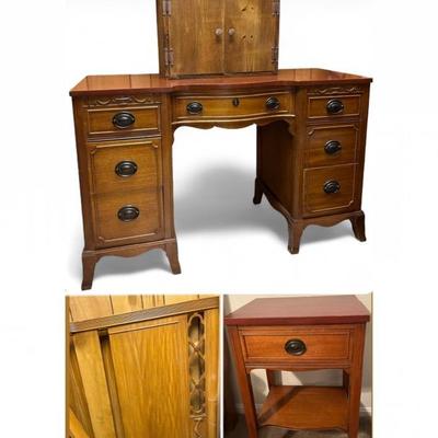 Vintage Solid Wood Full-Size Bedframe, Nightstand & Desk
