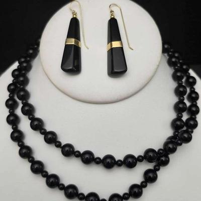 14K Gold Onyx Earrings & Onyx Bead Necklace - 29"