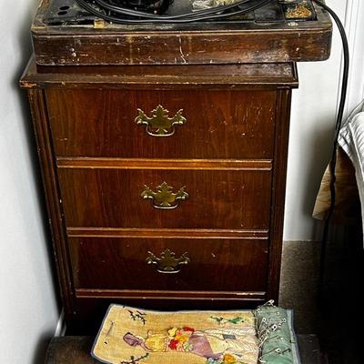 Antique Singer Sewing Machine, Sewing Cabinet 16x12x26”, Plus Sewing Notions