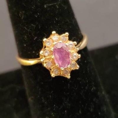 14K Gold Diamond & Pink Stone Ring - Size 8