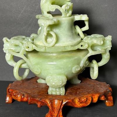 Carved Jade Incense Burner In Stand 7”h
