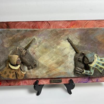 Bas Relief Unicorn Scultpture Signed - 9x18” 