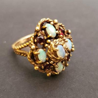 14K Gold Opal + Garnet Ring Size 6.5