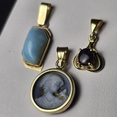 14K Gold Pendants - Stone & Cameo Style