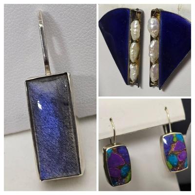 Sterling Silver Labrodite Pendant, Turquoise Copper Mosaic & Enamel With Pearl Earrings