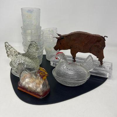 India Tumblers, Metal Pig & Hen-on-Nest Glass Chickens