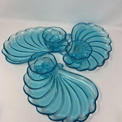Three Capri Blue Sea Shell Snack Plates with Matching Cups