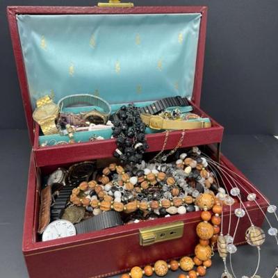 Mid-Century Jewelry Box with Fashion Jewelry & Vintage Watches – Mixed
