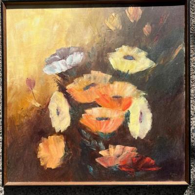 Mid-Century Floral Oil on Canvas by Doris Ruby–Warm Palette Still Life