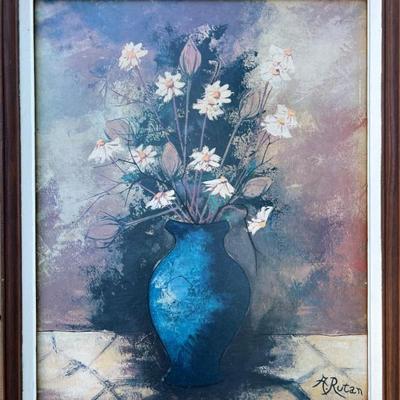 Mid-Century Floral Still Life Art Board Print – Signed A. Rutan