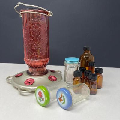 Cranberry Glass Hummingbird Feeder & Mini Bottles Collection